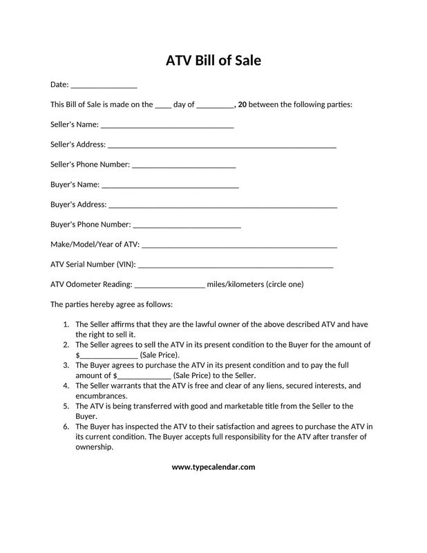 All-Terrain Vehicle (ATV) Bill of Sale Type